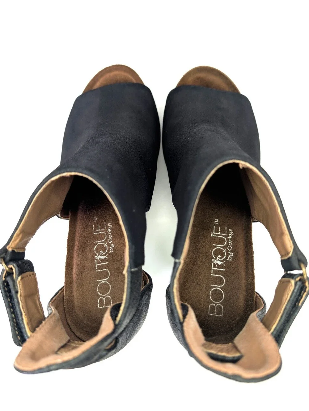Corkey's Boutique Brand Sunburst Open Toe Wedge Dress Shoe Heels Velcro Black 8